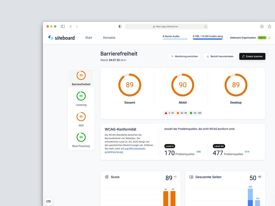 Bild eines Screenshots der Deep Scan Seite auf siteboard