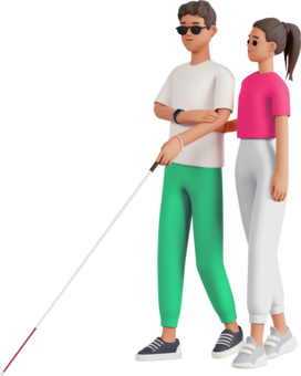 A woman leads a blind man wearing sunglasses and using a blind cane
